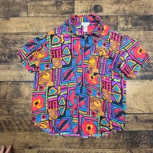 K Arnold Retro Silk‎ Abstract Floral Button Down Women's Size M Short Sleeve